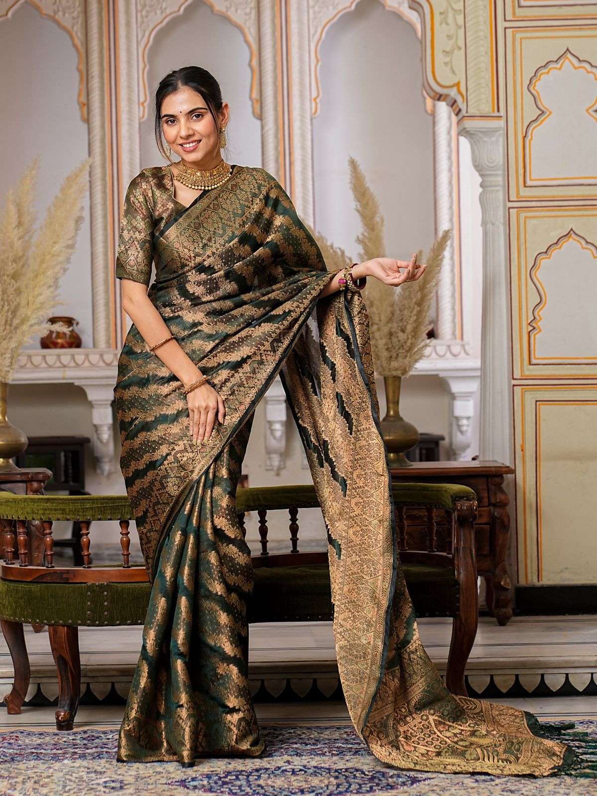 Dark Green Color Pure Organza Saree 